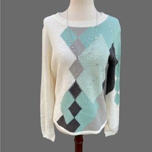 C.L.C •  Beaded • White/Turquoise • Medium • Geometric Designs • Sweater